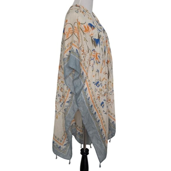 Woven Heart Floral Duster Kimono Womens One Size Blue Fringe Lightweight Boho - Picture 8 of 11